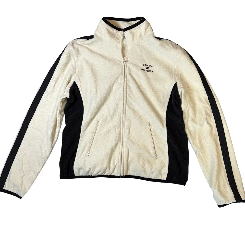 Tommy Hilfiger Womens XL Full Zip Fleece Jacket Cream Black Colorblock Mock Neck